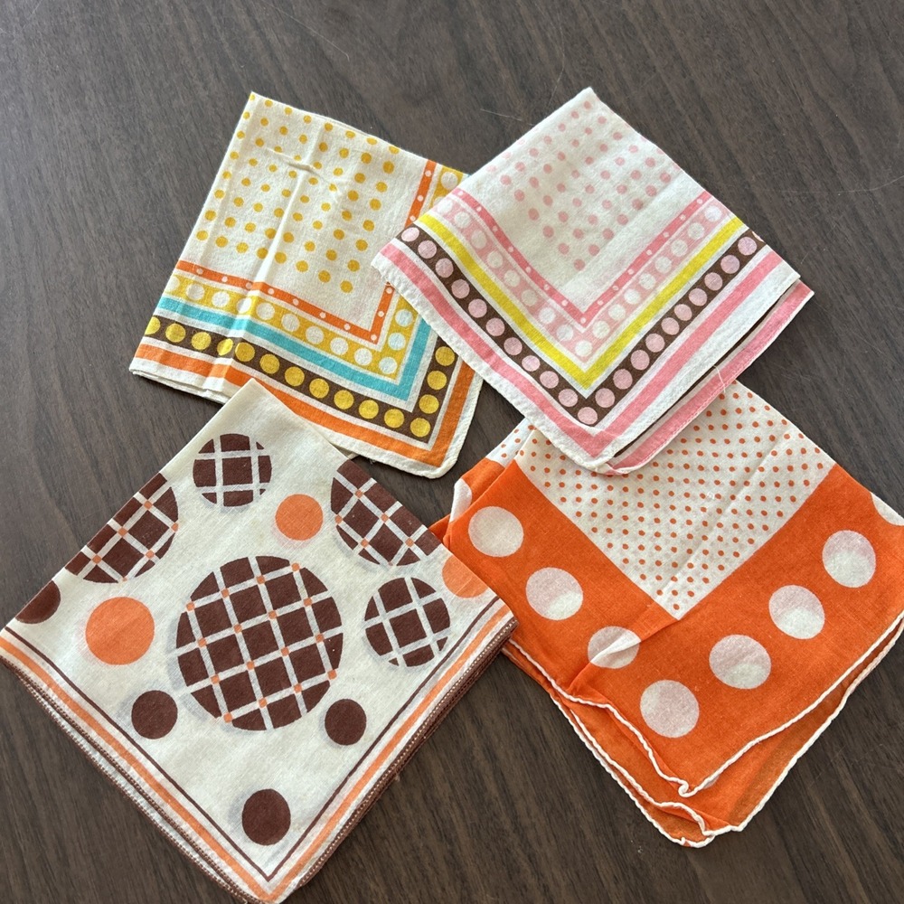 Vintage 1960's Patterned Handkerchiefs Set of 4 Groovy Mod